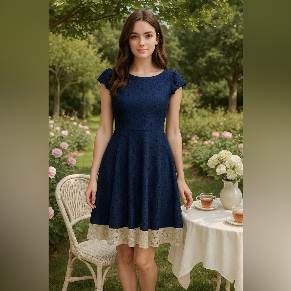 COCO LOVE x MODCLOTH | Navy Lace Dress with Cream Contrast Hem